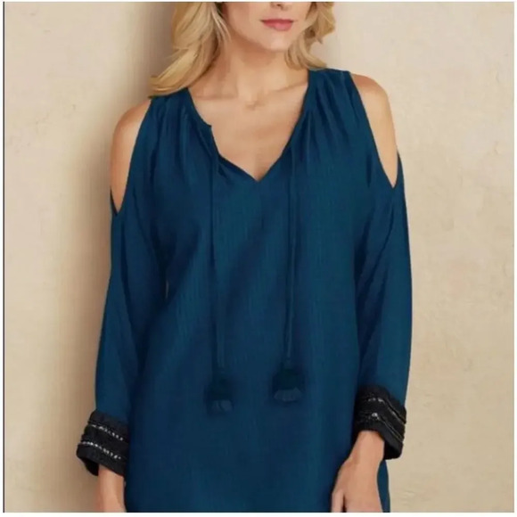 Soft Surroundings Women's Large Navy Cold Shoulder Beaded Cuff V-Neck Top & Tank - Picture 1 of 9